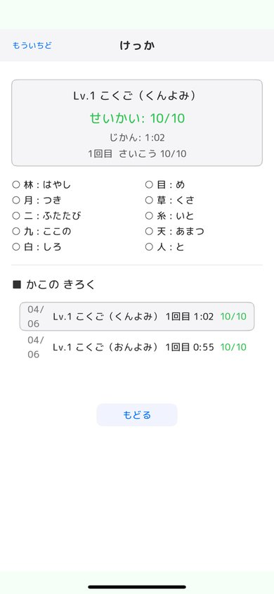 けっか画面(くんよみ):正解数と所要時間を表示